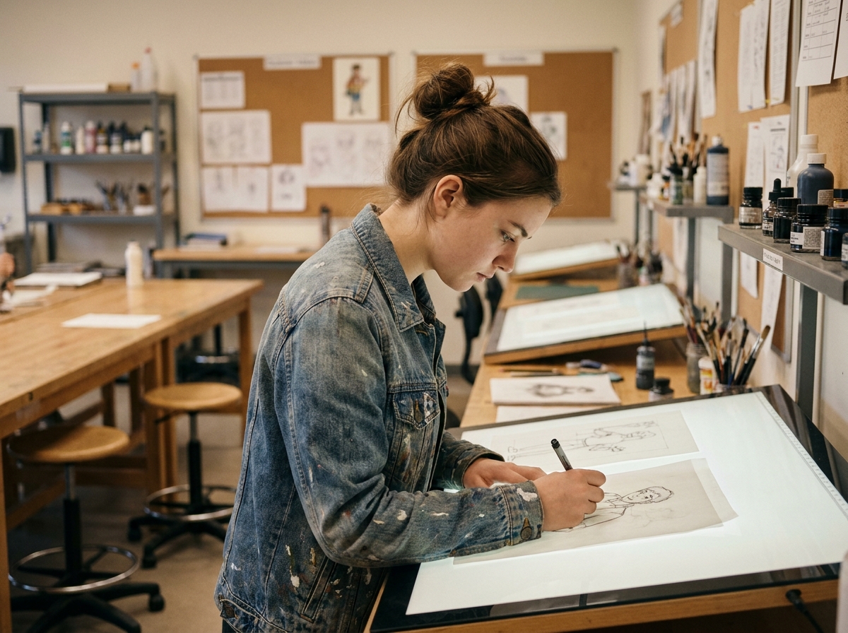 Étudiante en illustration travaillant sur un dessin au trait sur table lumineuse dans une salle de classe d'école des beaux-arts