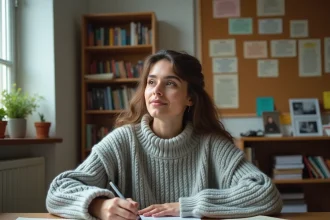 Étudiante annotant ses fiches de cours d'histoire pour préparer une dissertation, assise à un bureau en bois couvert de notes manuscrites et de manuels ouverts