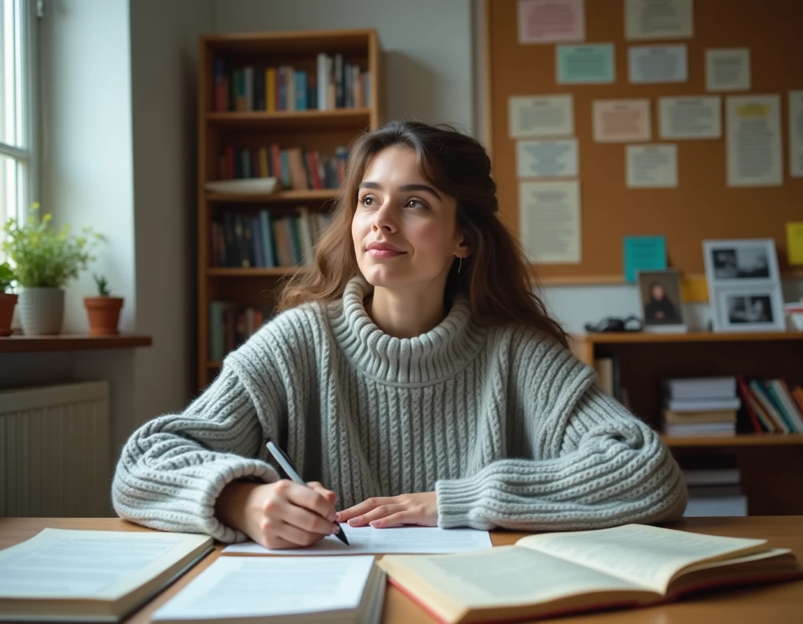 Étudiante annotant ses fiches de cours d'histoire pour préparer une dissertation, assise à un bureau en bois couvert de notes manuscrites et de manuels ouverts