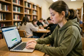 Étudiante payant la CVEC en ligne sur son ordinateur portable dans une bibliothèque universitaire