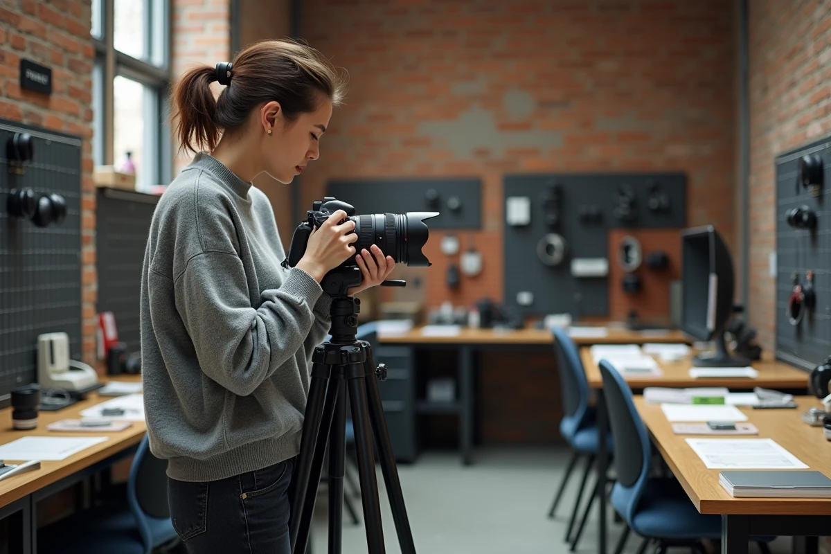 Étudiante en photographie réglant un appareil photo professionnel dans un studio de cours à Toulouse