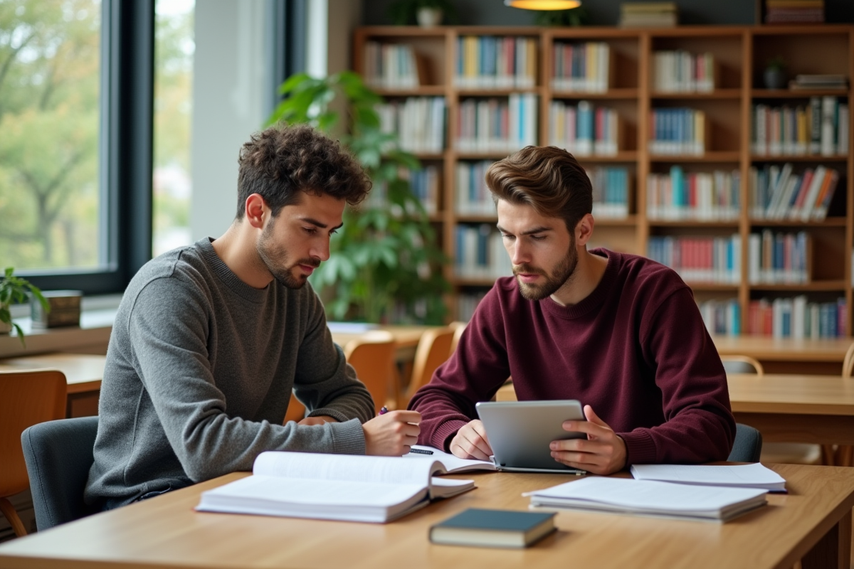 Deux étudiants discutant avec livres et table de bois