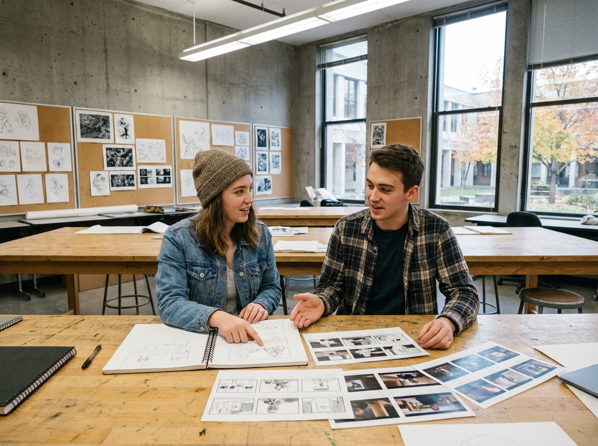 Deux étudiants en art comparant un carnet d'illustration traditionnel et un storyboard de concept art dans une salle de cours universitaire