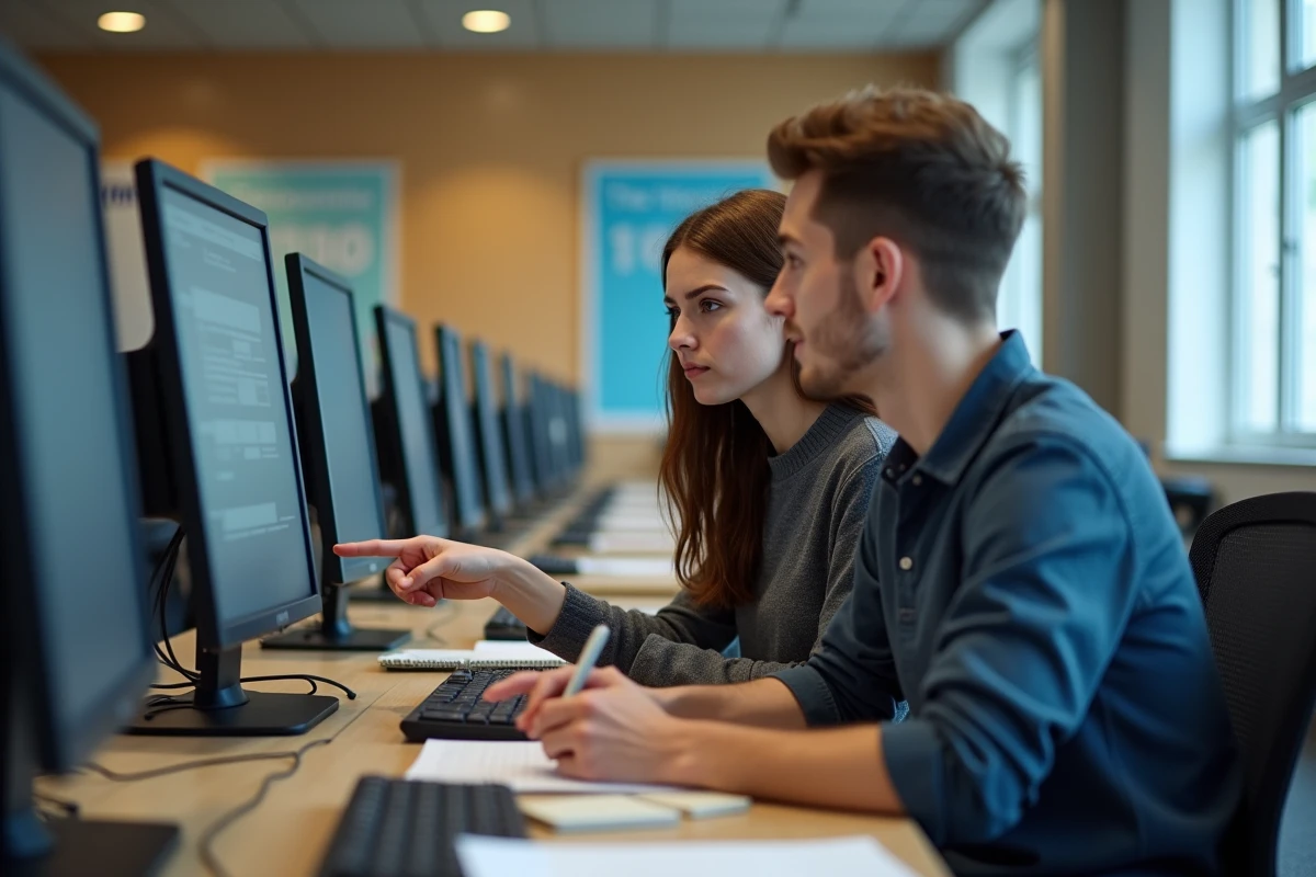 Deux étudiants découvrant ensemble les premières étapes de l'ENT Centrale Marseille en salle informatique