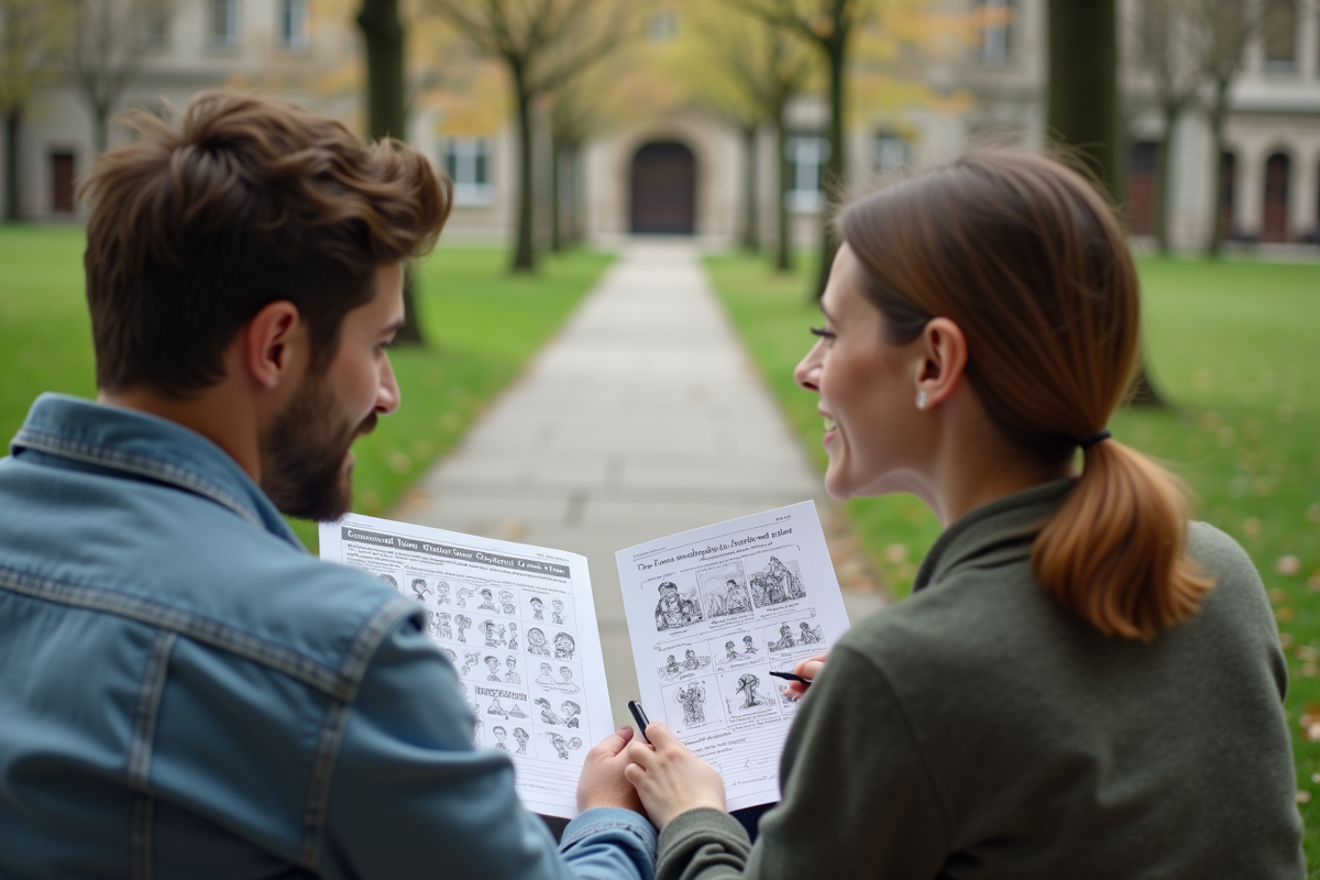 Deux étudiants discutent d un exercice de français en plein air