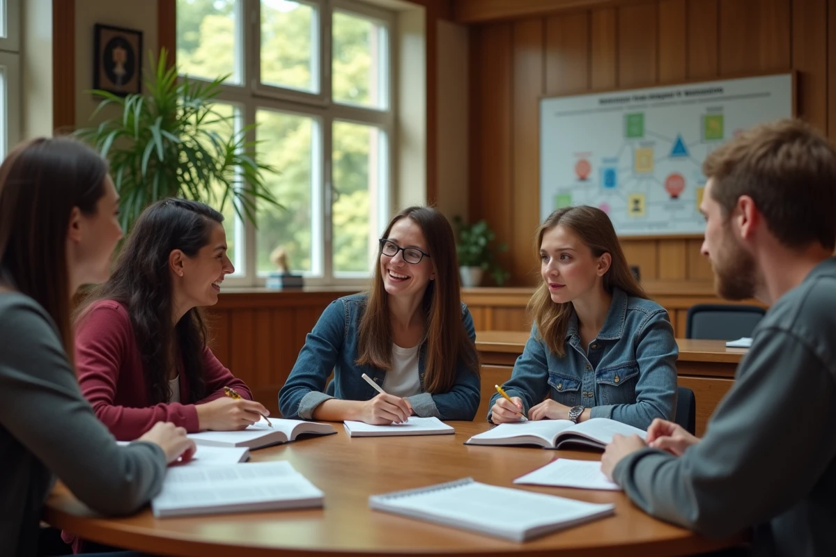 Groupe d étudiants en discussion dans une salle de cours universitaire