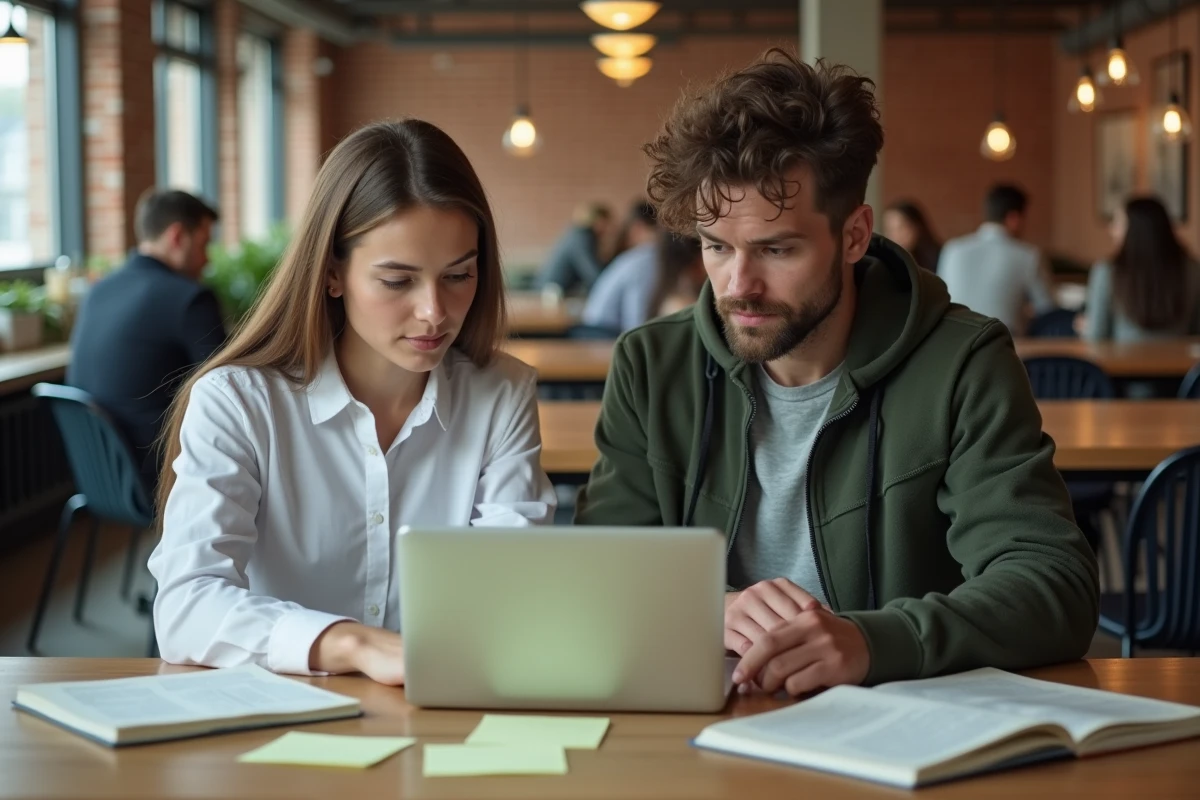 Deux étudiants en droit travaillant ensemble sur une application d'IA juridique pour préparer leurs examens dans un espace de coworking