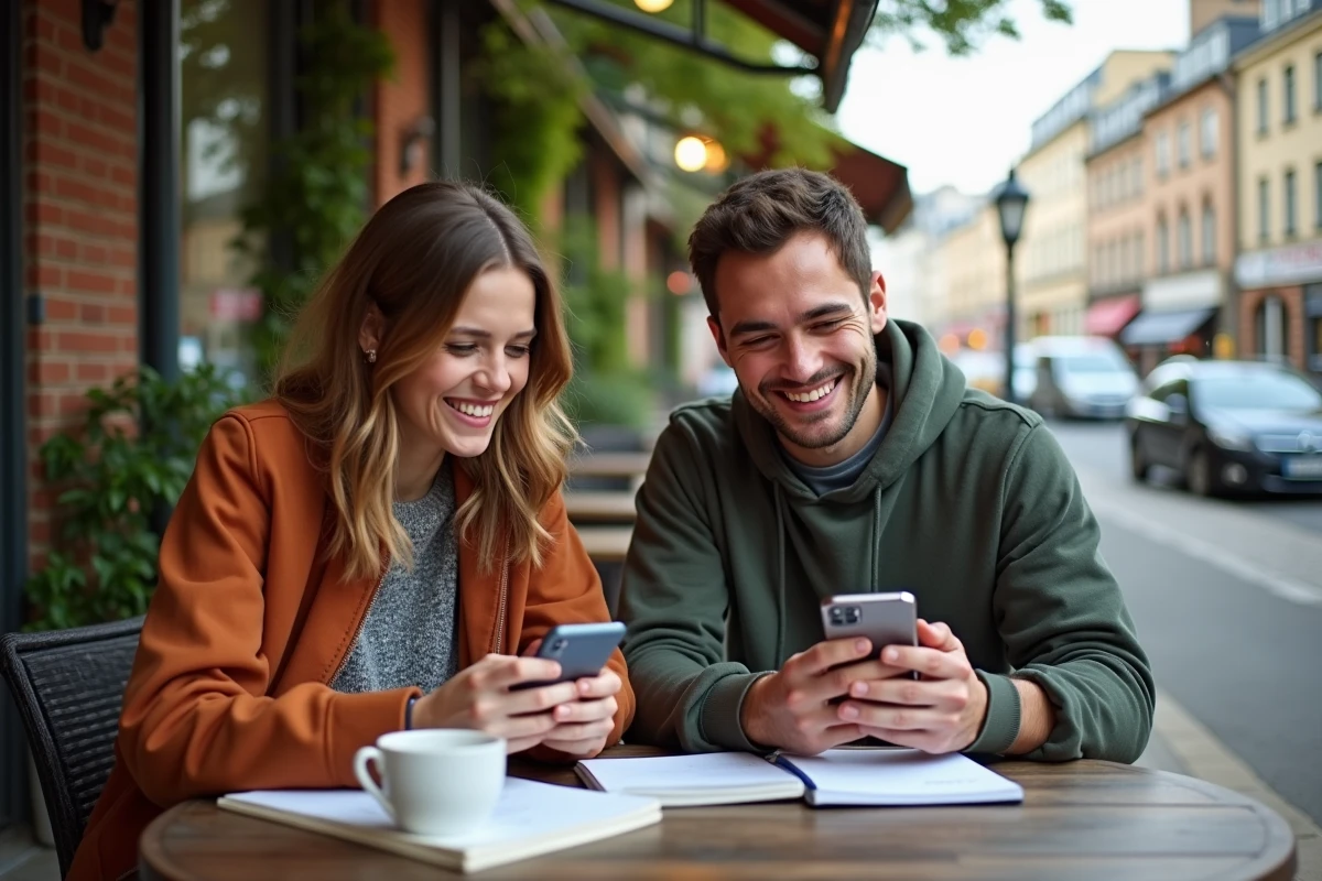 Deux étudiants consultant l'ENT Paris Nanterre sur leurs smartphones en terrasse de café près du campus