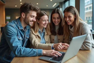 Groupe d'étudiants internationaux discutant autour d'un ordinateur