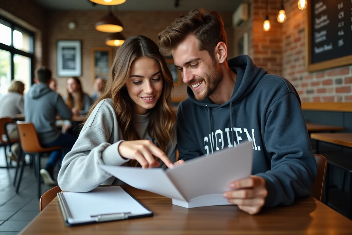 Deux étudiants en classe préparatoire discutant ensemble du classement et des vœux SIGEM dans un café