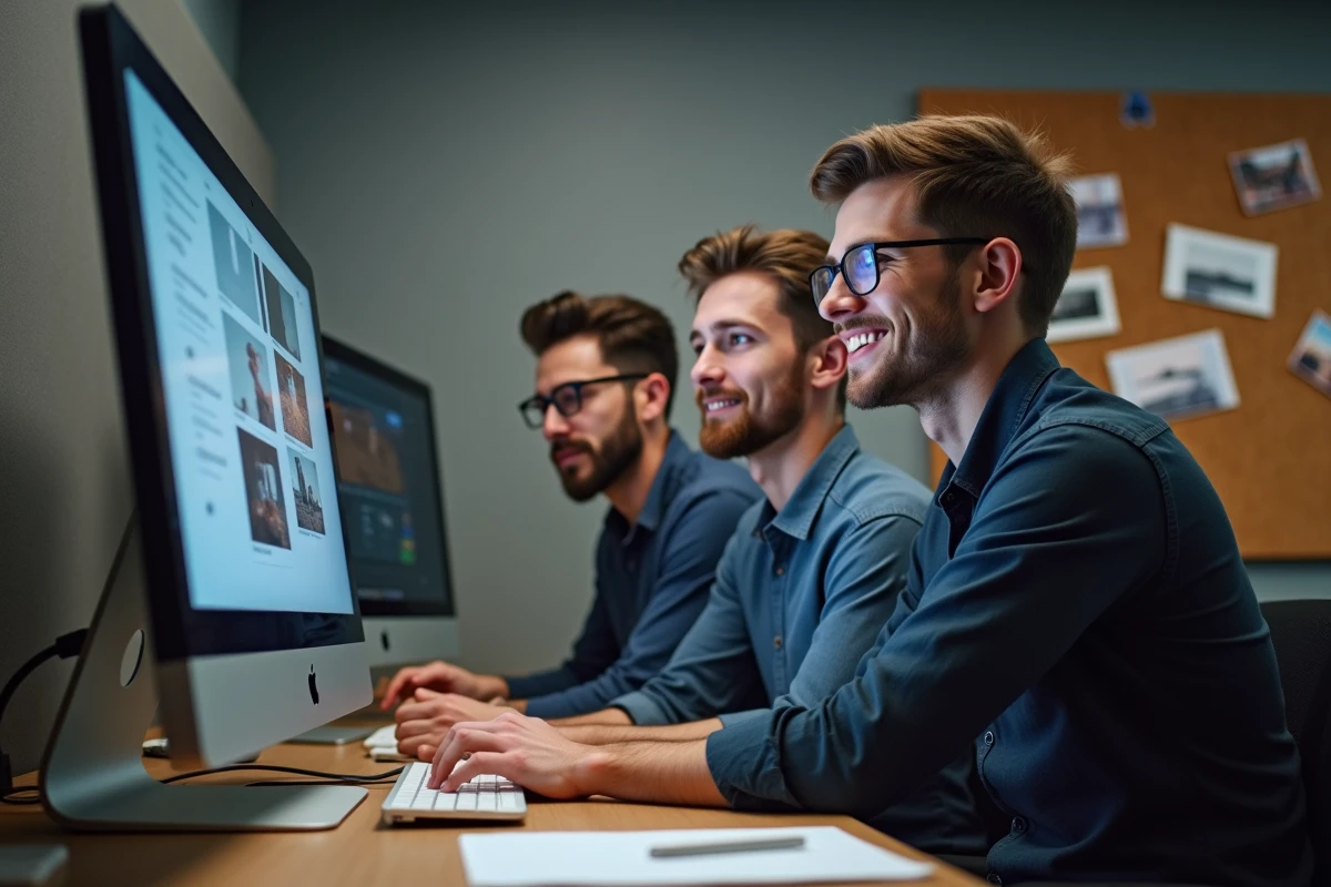 Groupe d'étudiants en photographie travaillant ensemble sur la retouche d'images dans un laboratoire informatique à Toulouse