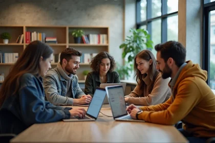 Groupe d'étudiants universitaires en discussion autour d'une plateforme digitale