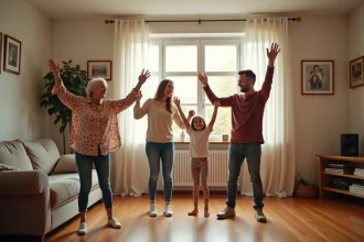 Famille multigénérationnelle dansant ensemble dans le salon le week-end, grand-mère parents et enfant bras levés en train de rire