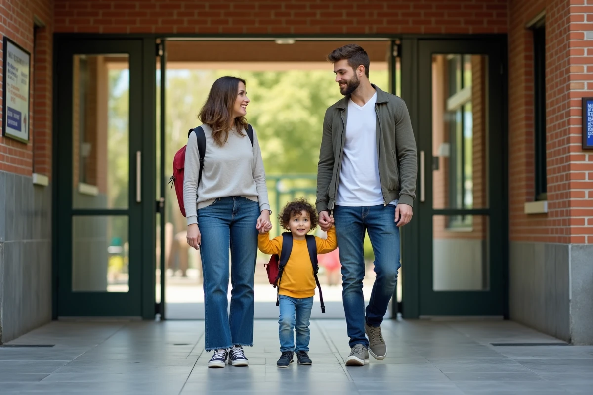 Famille souriante devant une école moderne avec enfant