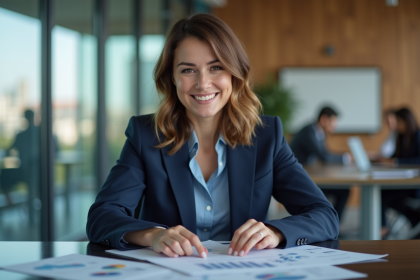 Femme d'affaires en costume navy lors d'une réunion