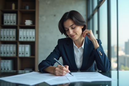 Femme d affaires en costume noir examine des documents au bureau