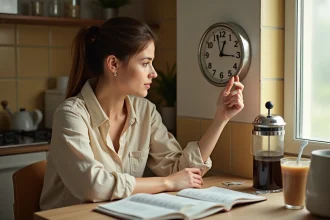 Femme francophone étudiant une horloge affichant AM et PM dans une cuisine, avec des notes bilingues sur la table