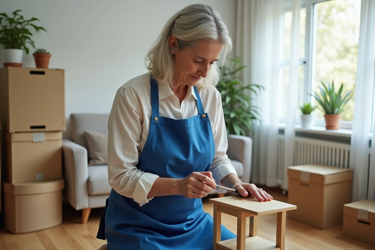 Femme en tablier bleu utilisant un tournevis dans un salon