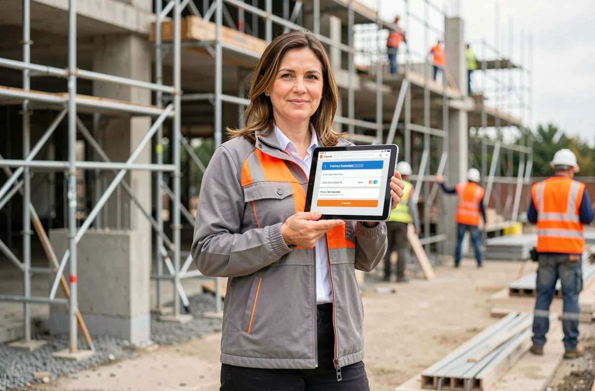 Femme professionnelle du BTP consultant ses résultats de certification CPF sur tablette sur un chantier