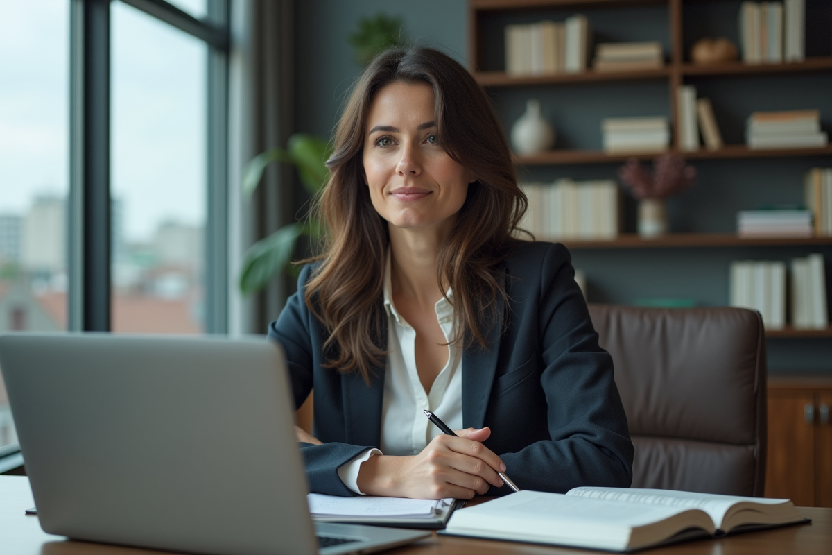 Femme d'affaires en bureau moderne avec vue urbaine