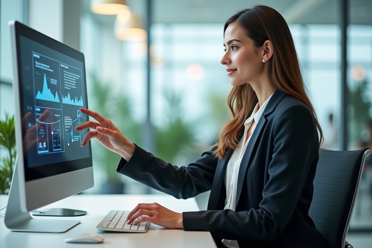 Femme en bureau interactant avec un écran tactile moderne