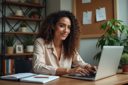 Jeune femme au bureau avec ordinateur portable et sourire