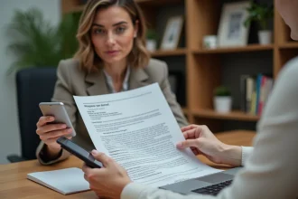 Femme en bureau moderne examinant un CV avec son smartphone