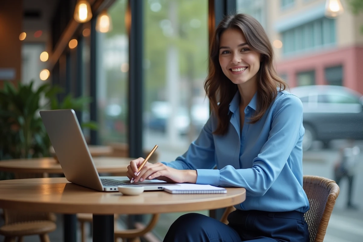 Jeune femme travaillant sur son ordinateur dans un café