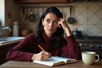Femme d'âge moyen écrivant dans un carnet en cuisine espagnole