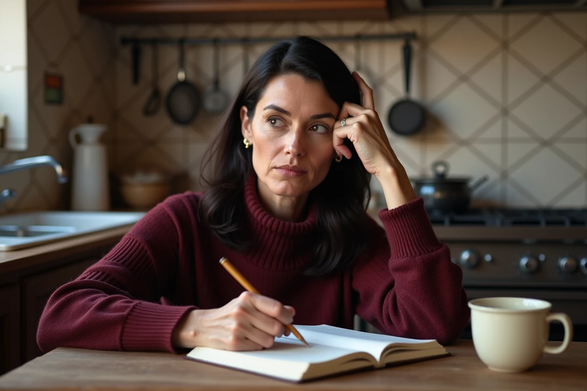 Femme d'âge moyen écrivant dans un carnet en cuisine espagnole