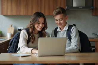 Femme et adolescent en cuisine regardant un ordinateur