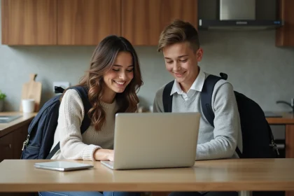 Femme et adolescent en cuisine regardant un ordinateur