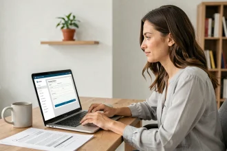Femme consultant un espace inscrit en ligne sur un ordinateur portable dans un bureau à domicile moderne