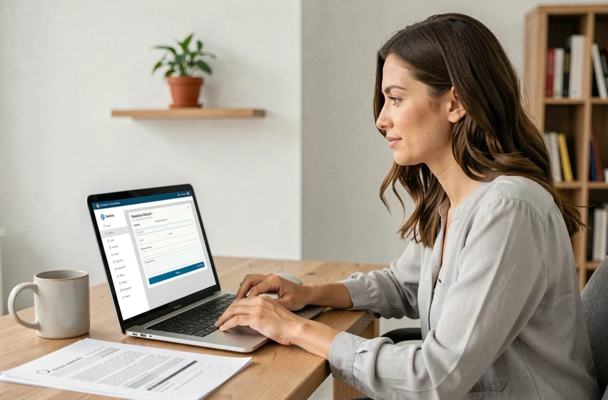 Femme consultant un espace inscrit en ligne sur un ordinateur portable dans un bureau à domicile moderne