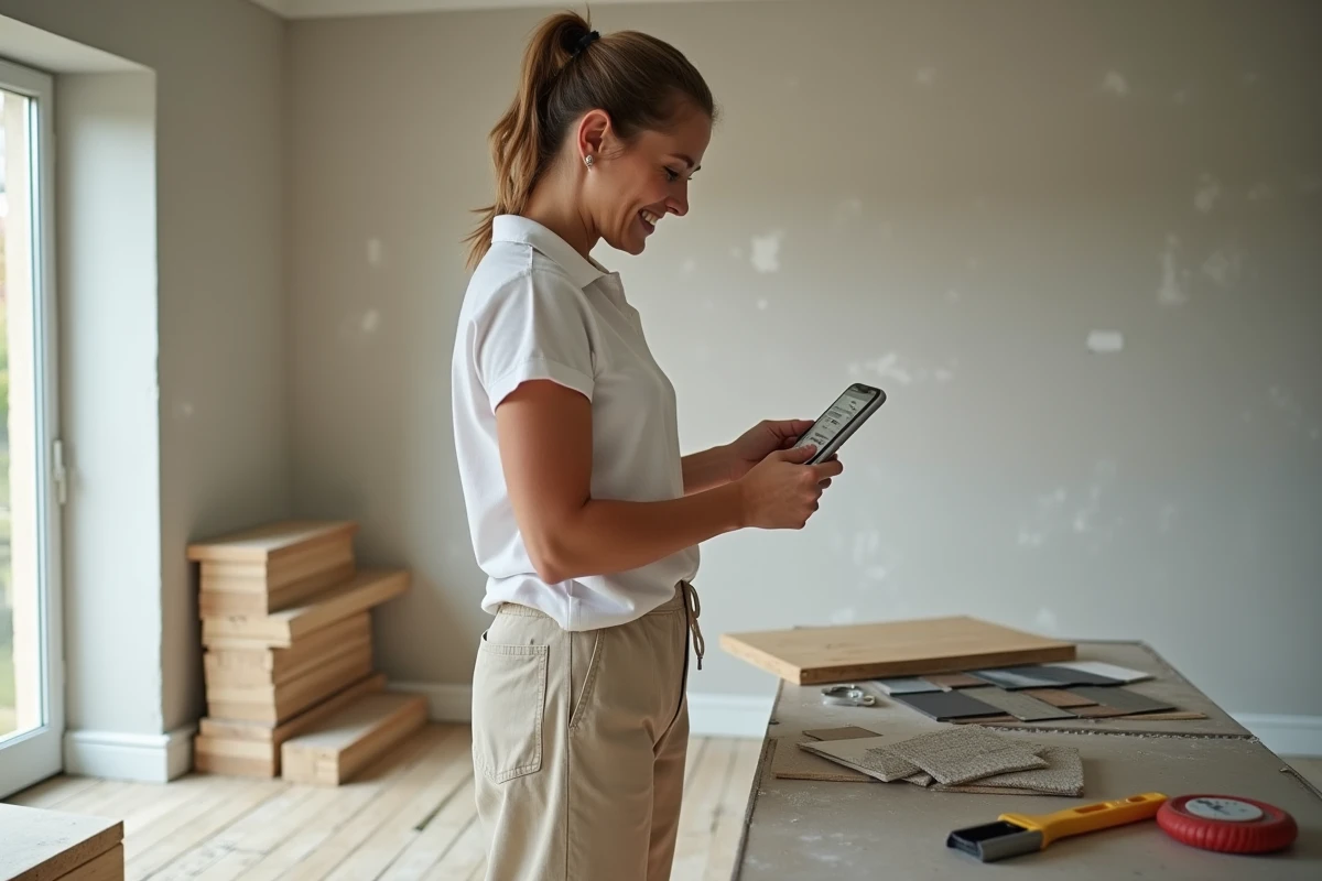 Femme consultant son programme de formation CPF sur smartphone dans un chantier de rénovation intérieure