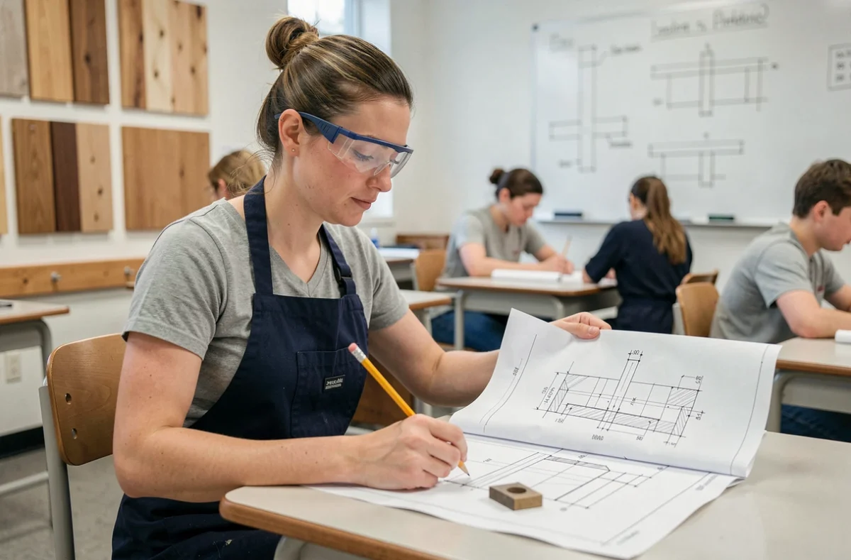 Femme débutante en formation menuiserie étudiant des plans techniques dans une salle de cours