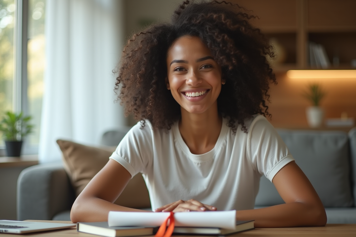 Jeune femme heureuse avec diplôme à la maison