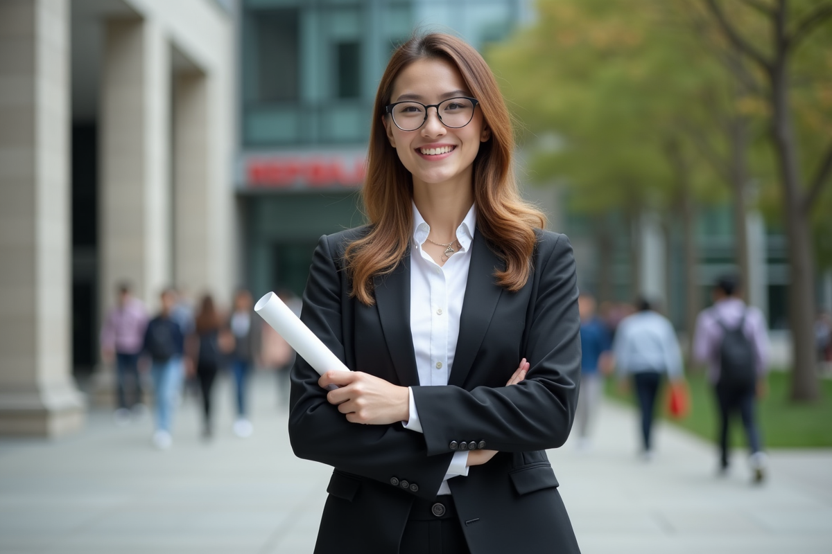 Ingénieure diplômée fière devant une école d