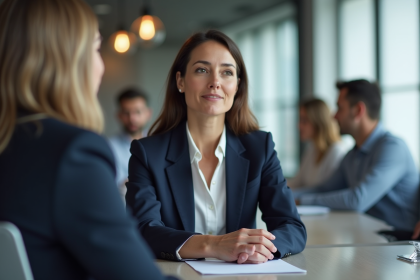 Femme confiante en costume lors d'une réunion professionnelle
