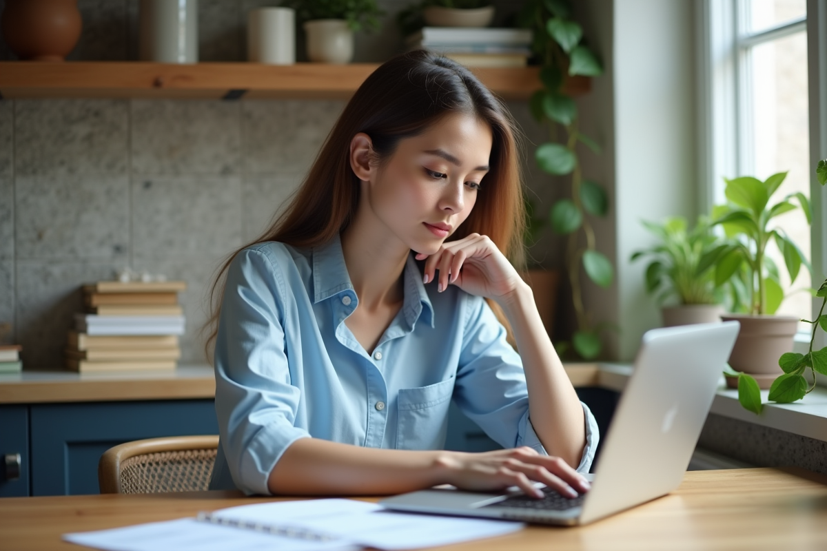 Jeune femme en blouse bleue analyse des feuilles de calcul à la maison
