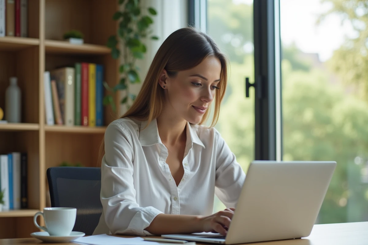 Femme concentrée sur son test en ligne dans un bureau moderne