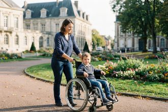 Femme en jean poussant un fauteuil roulant avec son enfant dans un parc