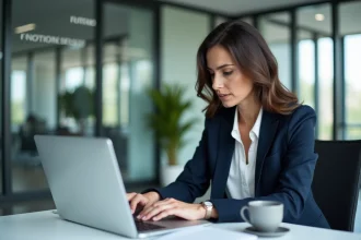 Femme professionnelle consultant des emails en espagnol au futur sur un ordinateur portable dans un bureau moderne
