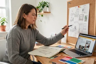Femme adulte en reconversion professionnelle étudiant le design d'intérieur à domicile avec des échantillons de couleurs et un carnet de croquis