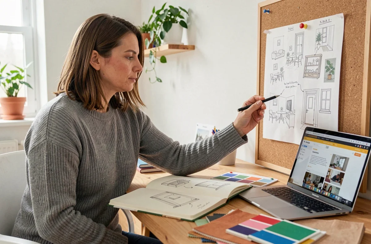 Femme adulte en reconversion professionnelle étudiant le design d'intérieur à domicile avec des échantillons de couleurs et un carnet de croquis