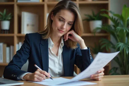 Femme professionnelle relisant son CV dans un bureau moderne