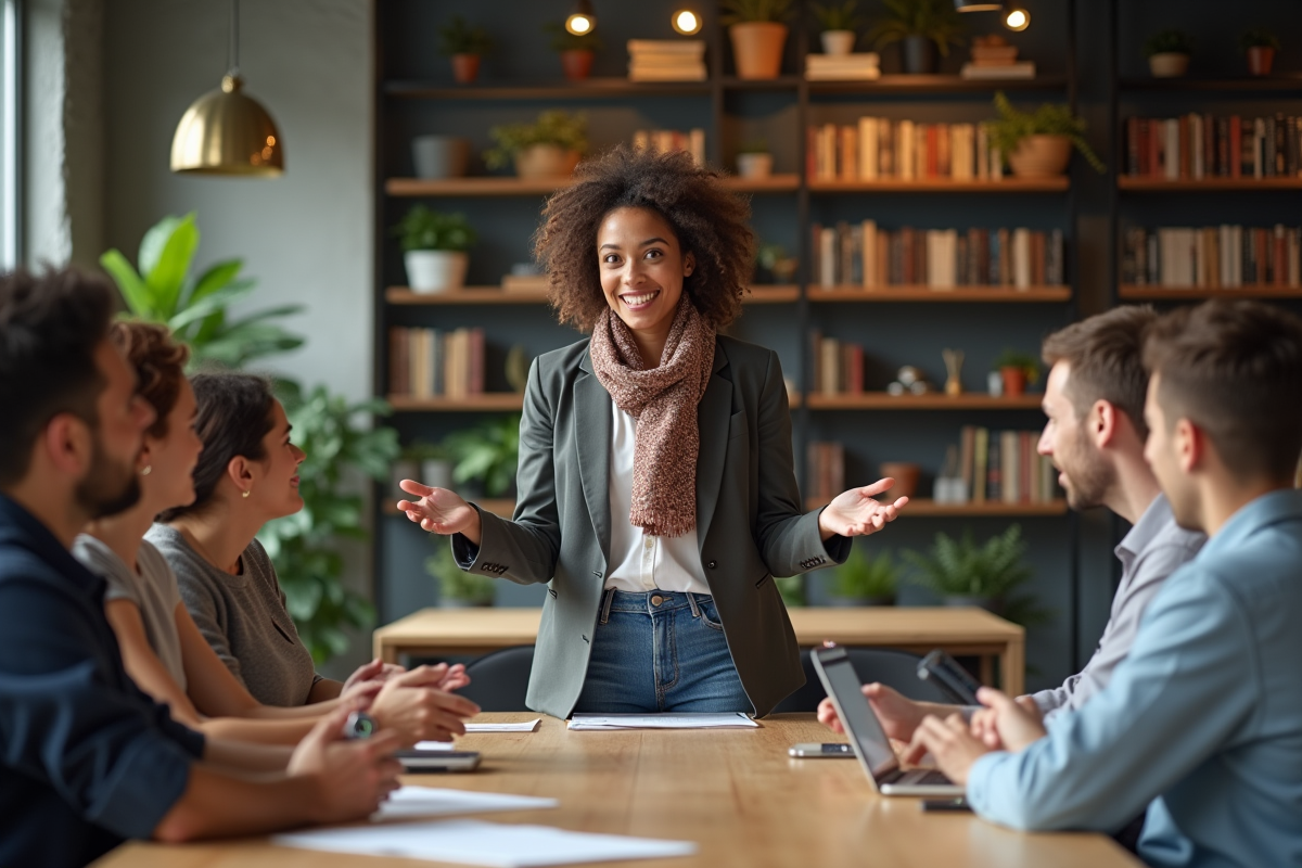 Femme en réunion coworking gesticulant avec collègues