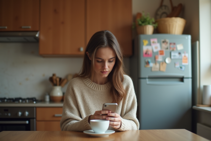 Femme pensant à rescheduler un rendez-vous dans la cuisine