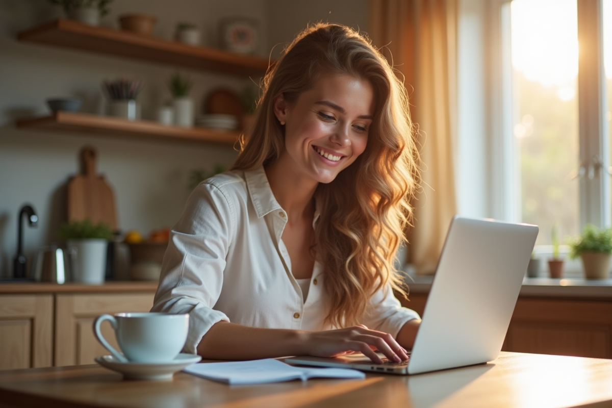 Jeune femme souriante utilisant un site Pôle emploi