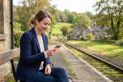 Femme en blazer et jeans à la gare rurale